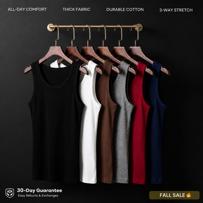 Somnea heavyweight tanks in black, white, brown, grey, red and navy on wooden hangers; Fall Sale.
